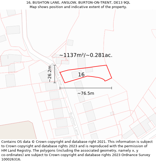 16, BUSHTON LANE, ANSLOW, BURTON-ON-TRENT, DE13 9QL: Plot and title map