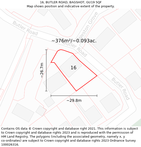 16, BUTLER ROAD, BAGSHOT, GU19 5QF: Plot and title map