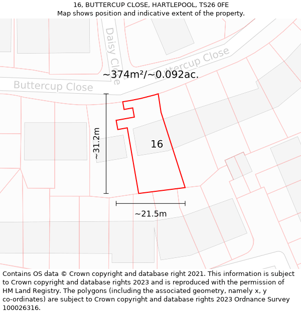 16, BUTTERCUP CLOSE, HARTLEPOOL, TS26 0FE: Plot and title map