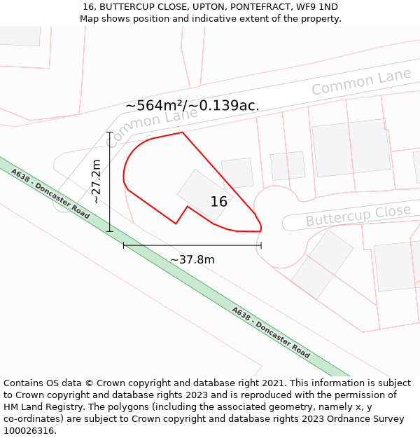 16, BUTTERCUP CLOSE, UPTON, PONTEFRACT, WF9 1ND: Plot and title map