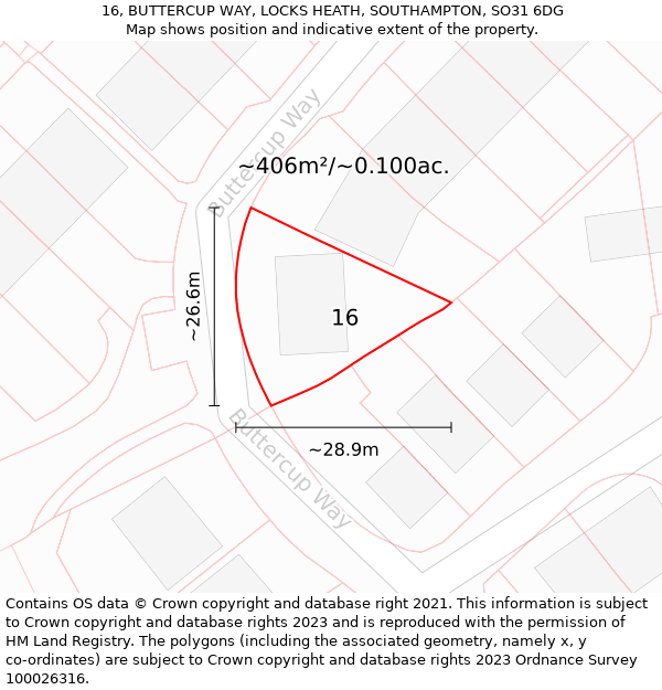 16, BUTTERCUP WAY, LOCKS HEATH, SOUTHAMPTON, SO31 6DG: Plot and title map