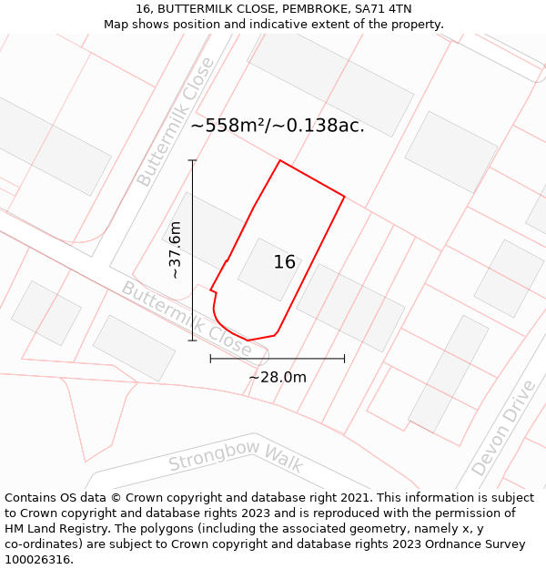 16, BUTTERMILK CLOSE, PEMBROKE, SA71 4TN: Plot and title map