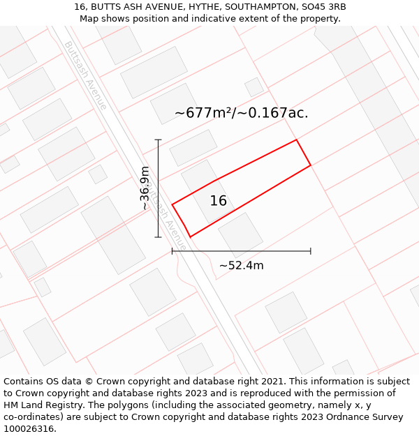 16, BUTTS ASH AVENUE, HYTHE, SOUTHAMPTON, SO45 3RB: Plot and title map