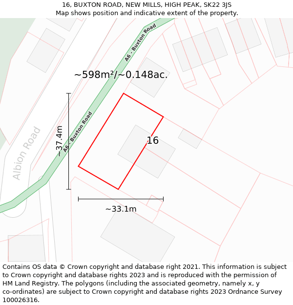 16, BUXTON ROAD, NEW MILLS, HIGH PEAK, SK22 3JS: Plot and title map