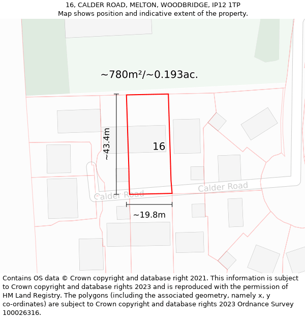 16, CALDER ROAD, MELTON, WOODBRIDGE, IP12 1TP: Plot and title map