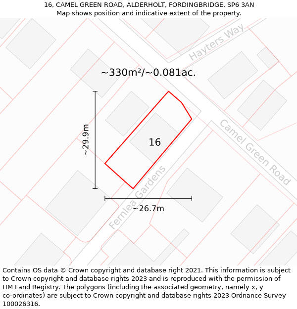 16, CAMEL GREEN ROAD, ALDERHOLT, FORDINGBRIDGE, SP6 3AN: Plot and title map