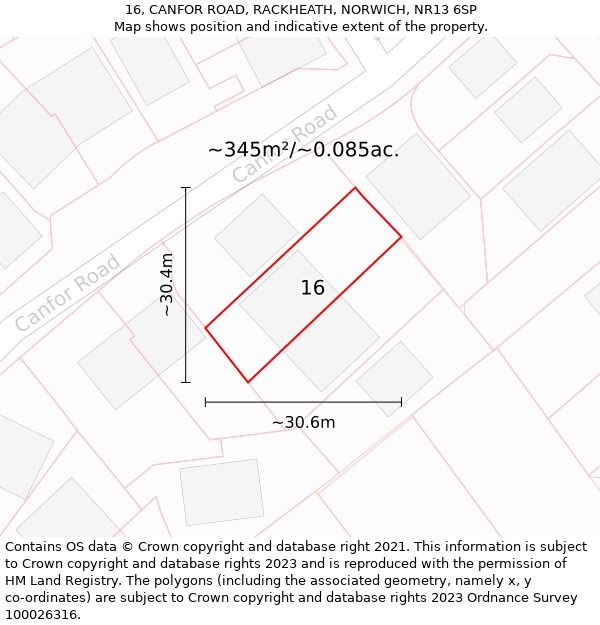 16, CANFOR ROAD, RACKHEATH, NORWICH, NR13 6SP: Plot and title map