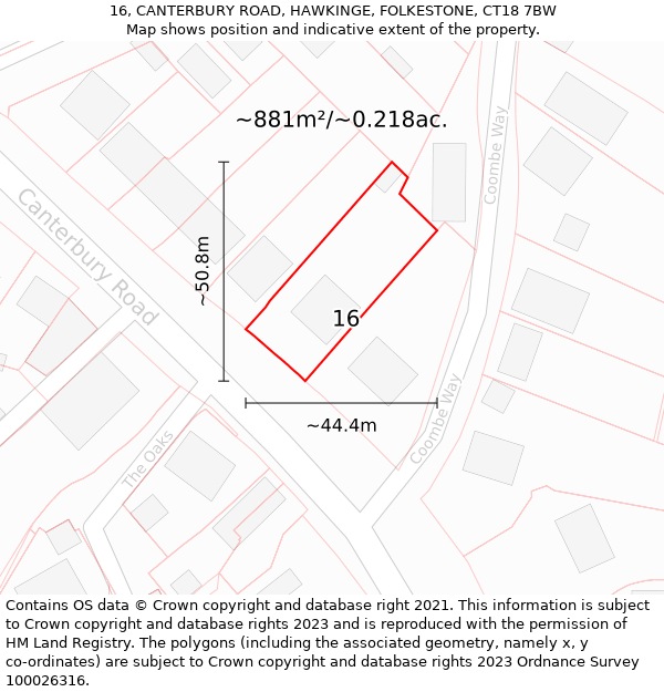 16, CANTERBURY ROAD, HAWKINGE, FOLKESTONE, CT18 7BW: Plot and title map