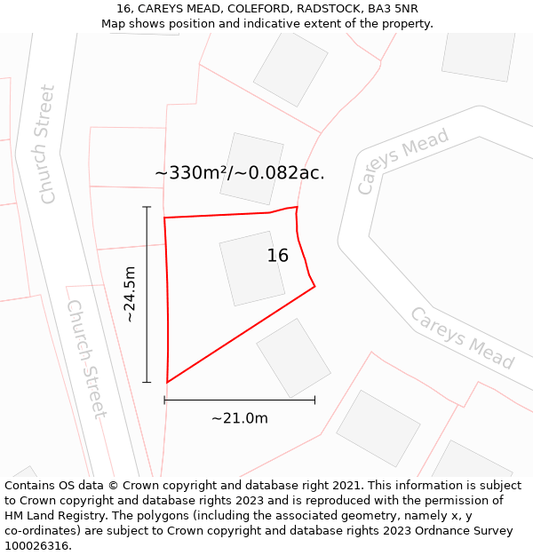 16, CAREYS MEAD, COLEFORD, RADSTOCK, BA3 5NR: Plot and title map