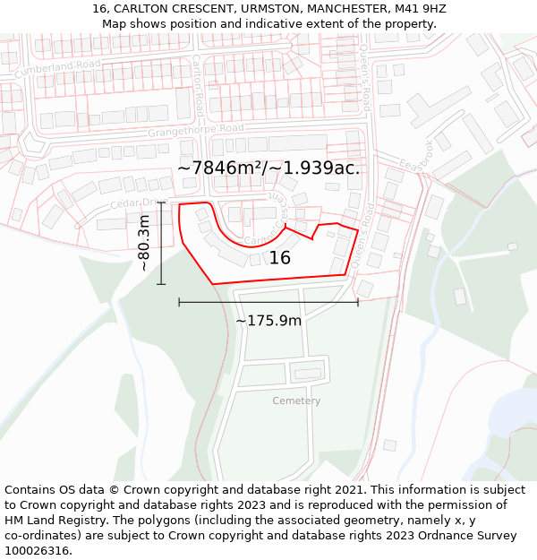 16, CARLTON CRESCENT, URMSTON, MANCHESTER, M41 9HZ: Plot and title map