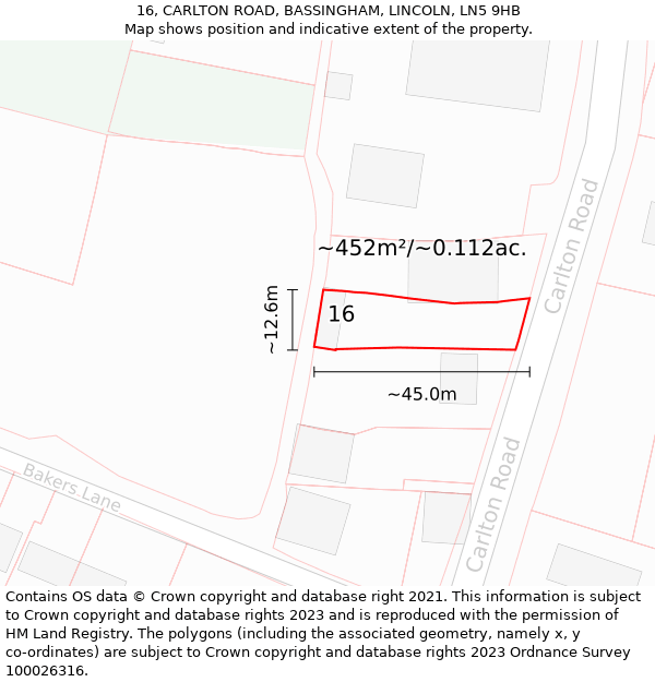 16, CARLTON ROAD, BASSINGHAM, LINCOLN, LN5 9HB: Plot and title map