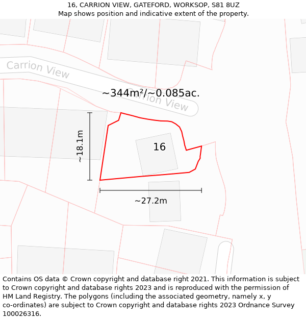 16, CARRION VIEW, GATEFORD, WORKSOP, S81 8UZ: Plot and title map