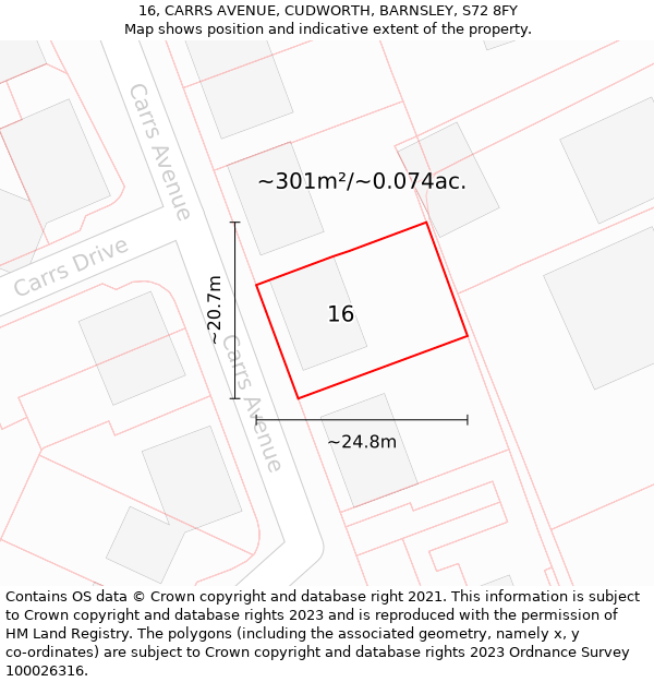 16, CARRS AVENUE, CUDWORTH, BARNSLEY, S72 8FY: Plot and title map