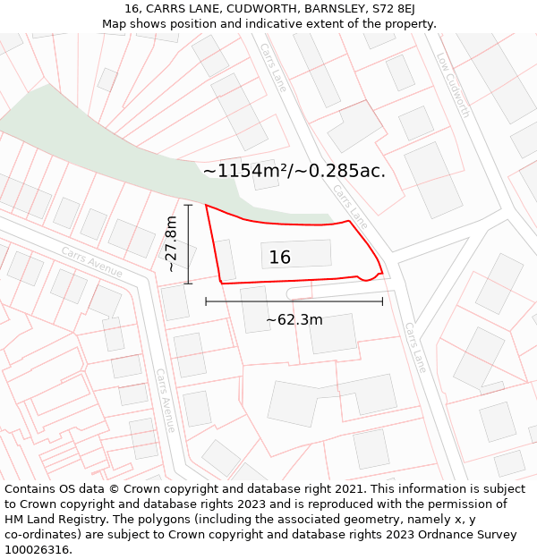 16, CARRS LANE, CUDWORTH, BARNSLEY, S72 8EJ: Plot and title map