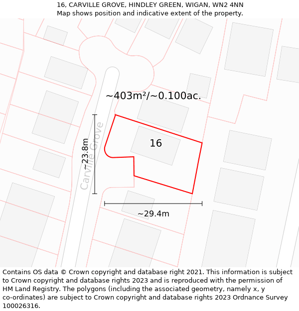 16, CARVILLE GROVE, HINDLEY GREEN, WIGAN, WN2 4NN: Plot and title map