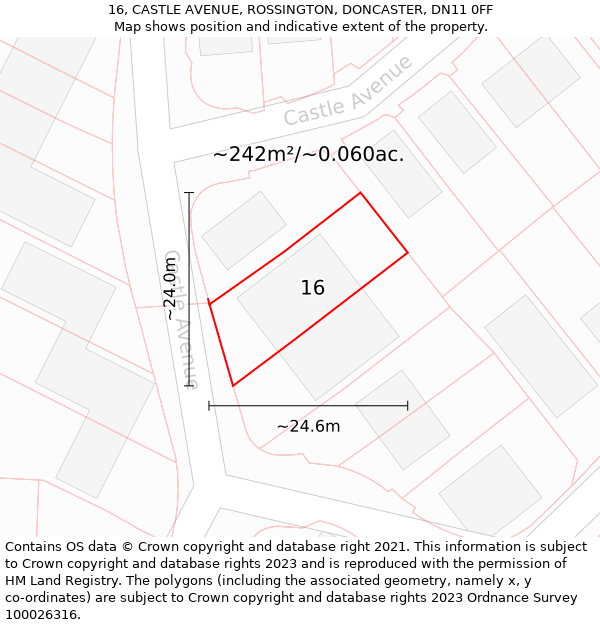 16, CASTLE AVENUE, ROSSINGTON, DONCASTER, DN11 0FF: Plot and title map