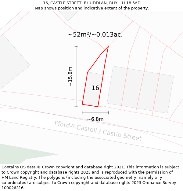 16, CASTLE STREET, RHUDDLAN, RHYL, LL18 5AD: Plot and title map