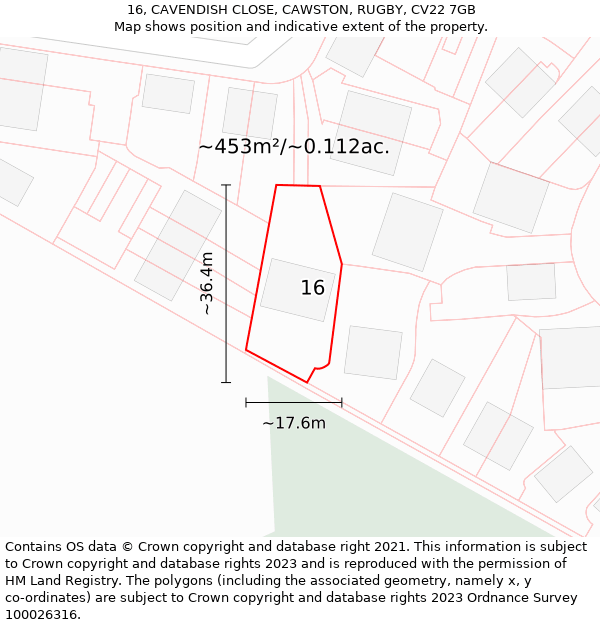 16, CAVENDISH CLOSE, CAWSTON, RUGBY, CV22 7GB: Plot and title map