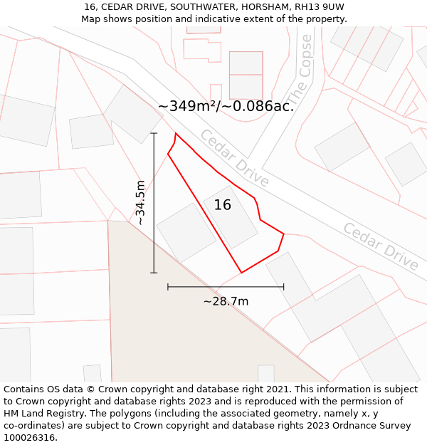 16, CEDAR DRIVE, SOUTHWATER, HORSHAM, RH13 9UW: Plot and title map