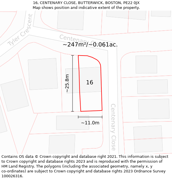 16, CENTENARY CLOSE, BUTTERWICK, BOSTON, PE22 0JX: Plot and title map