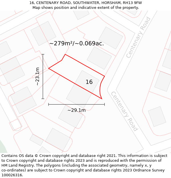 16, CENTENARY ROAD, SOUTHWATER, HORSHAM, RH13 9FW: Plot and title map