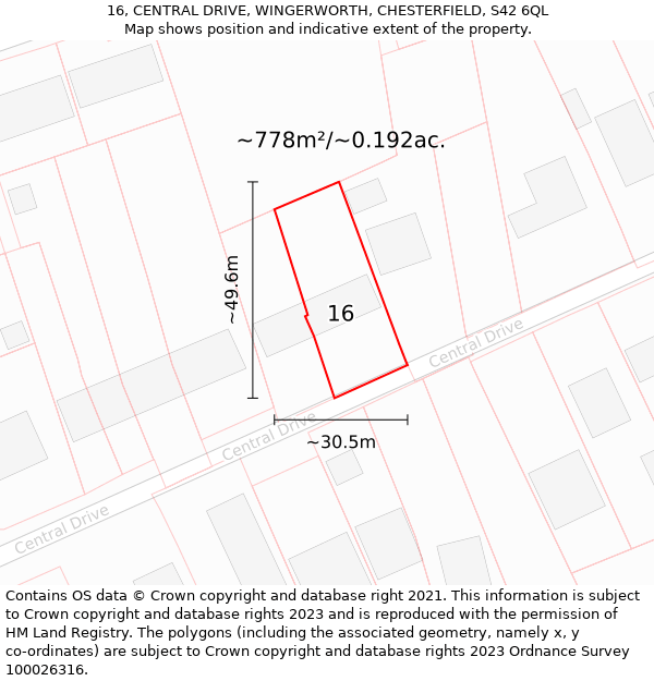 16, CENTRAL DRIVE, WINGERWORTH, CHESTERFIELD, S42 6QL: Plot and title map