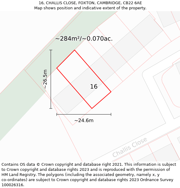 16, CHALLIS CLOSE, FOXTON, CAMBRIDGE, CB22 6AE: Plot and title map