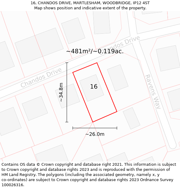 16, CHANDOS DRIVE, MARTLESHAM, WOODBRIDGE, IP12 4ST: Plot and title map