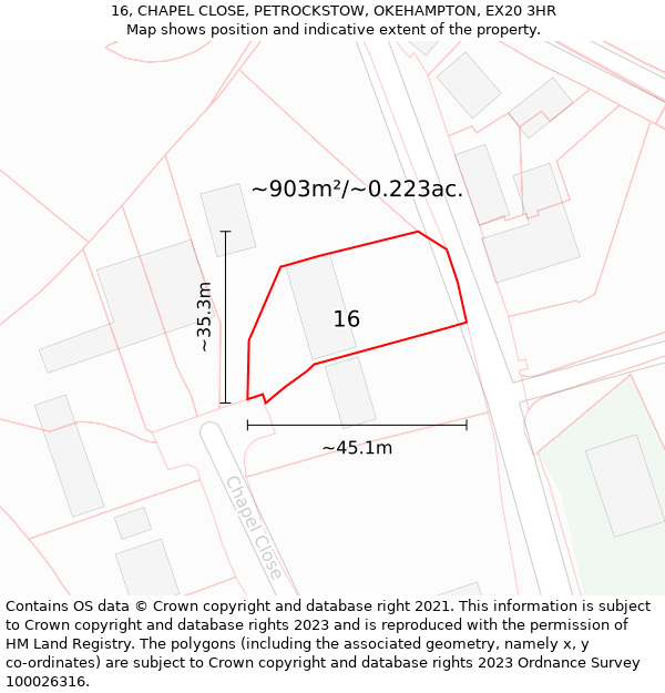 16, CHAPEL CLOSE, PETROCKSTOW, OKEHAMPTON, EX20 3HR: Plot and title map