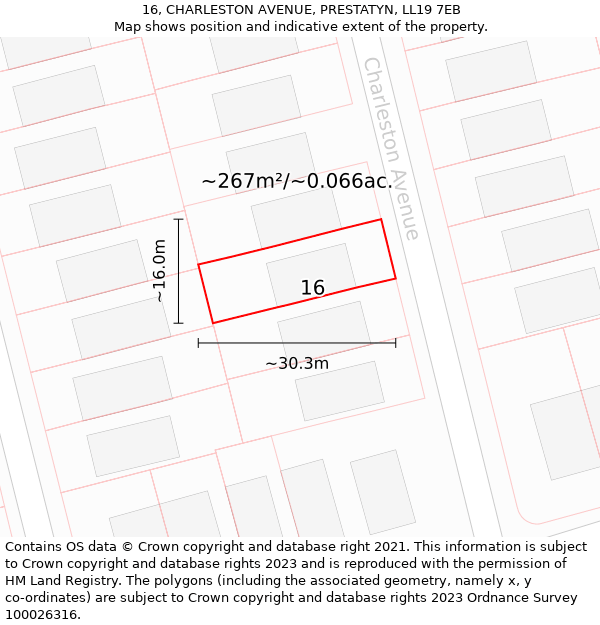 16, CHARLESTON AVENUE, PRESTATYN, LL19 7EB: Plot and title map