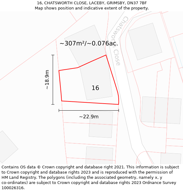 16, CHATSWORTH CLOSE, LACEBY, GRIMSBY, DN37 7BF: Plot and title map