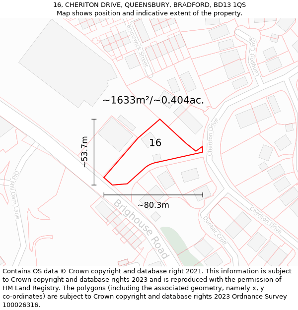 16, CHERITON DRIVE, QUEENSBURY, BRADFORD, BD13 1QS: Plot and title map