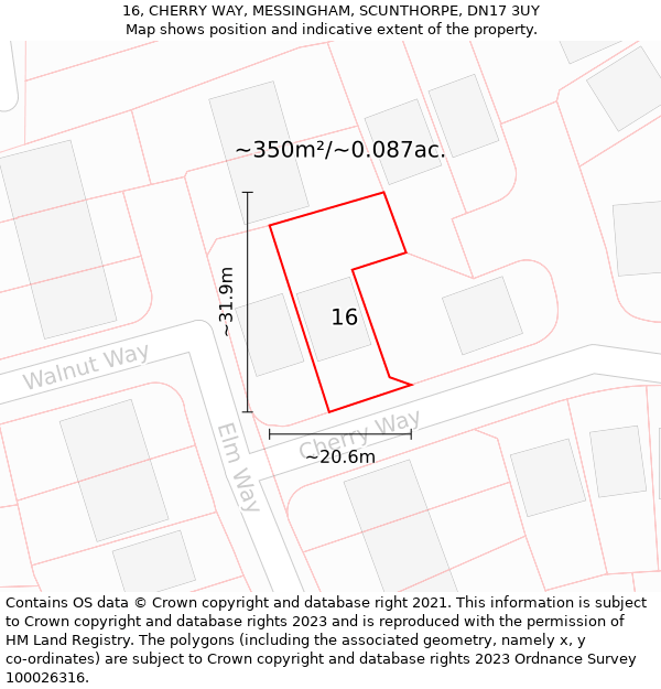 16, CHERRY WAY, MESSINGHAM, SCUNTHORPE, DN17 3UY: Plot and title map