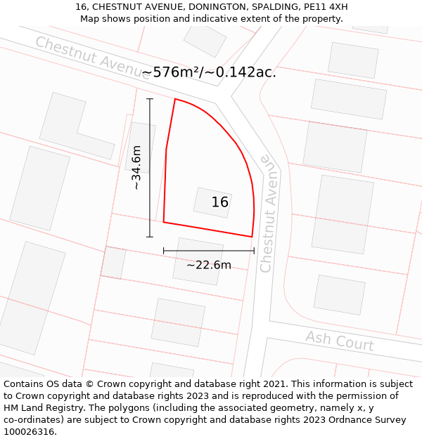 16, CHESTNUT AVENUE, DONINGTON, SPALDING, PE11 4XH: Plot and title map