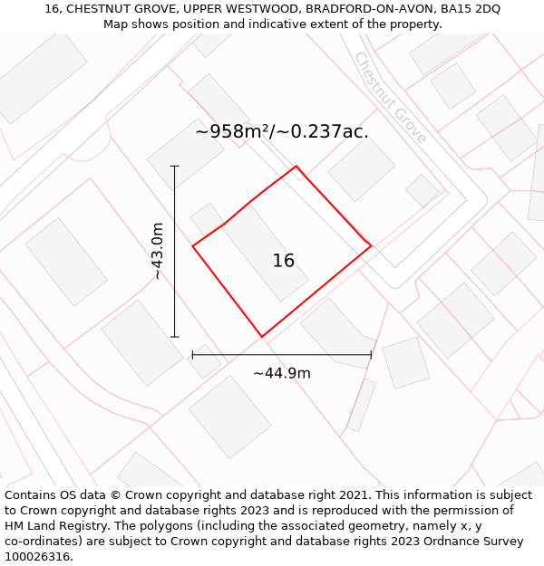 16, CHESTNUT GROVE, UPPER WESTWOOD, BRADFORD-ON-AVON, BA15 2DQ: Plot and title map