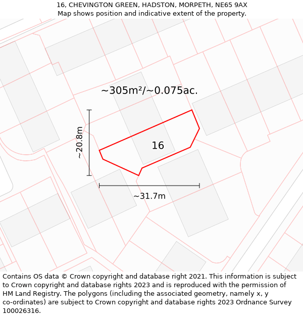 16, CHEVINGTON GREEN, HADSTON, MORPETH, NE65 9AX: Plot and title map