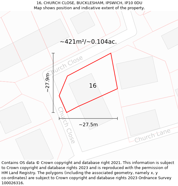 16, CHURCH CLOSE, BUCKLESHAM, IPSWICH, IP10 0DU: Plot and title map