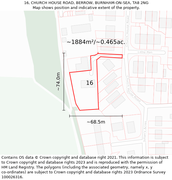 16, CHURCH HOUSE ROAD, BERROW, BURNHAM-ON-SEA, TA8 2NG: Plot and title map