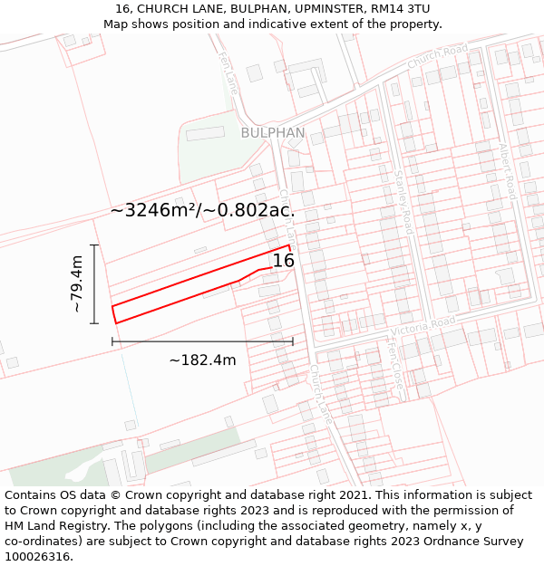 16, CHURCH LANE, BULPHAN, UPMINSTER, RM14 3TU: Plot and title map