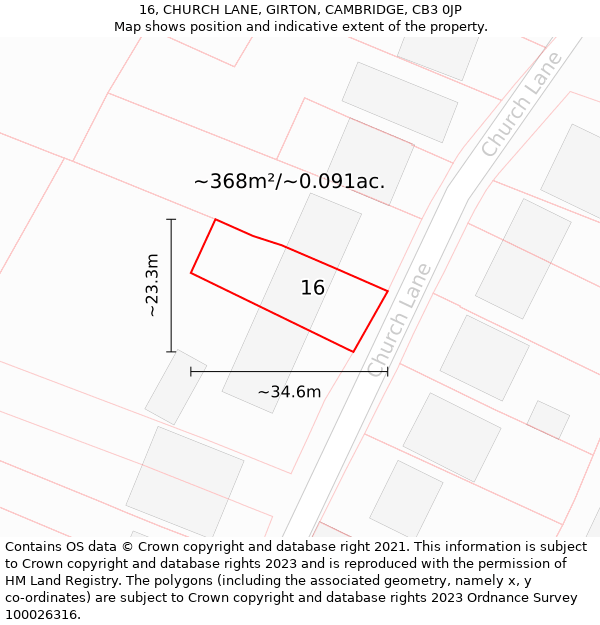 16, CHURCH LANE, GIRTON, CAMBRIDGE, CB3 0JP: Plot and title map