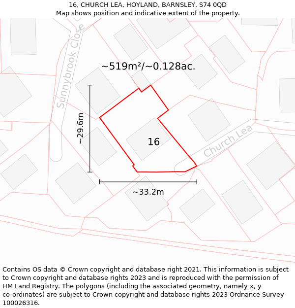 16, CHURCH LEA, HOYLAND, BARNSLEY, S74 0QD: Plot and title map