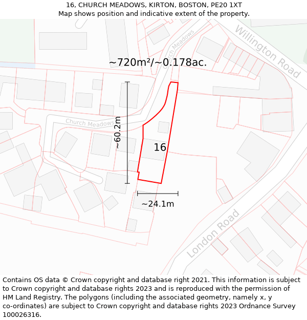 16, CHURCH MEADOWS, KIRTON, BOSTON, PE20 1XT: Plot and title map