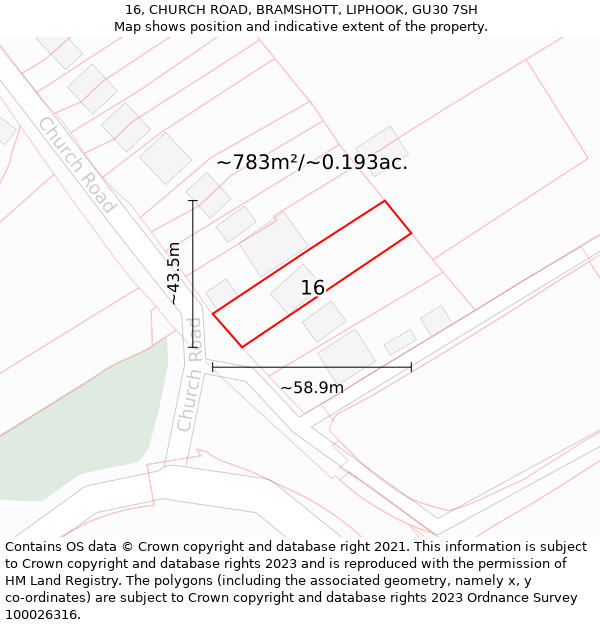 16, CHURCH ROAD, BRAMSHOTT, LIPHOOK, GU30 7SH: Plot and title map