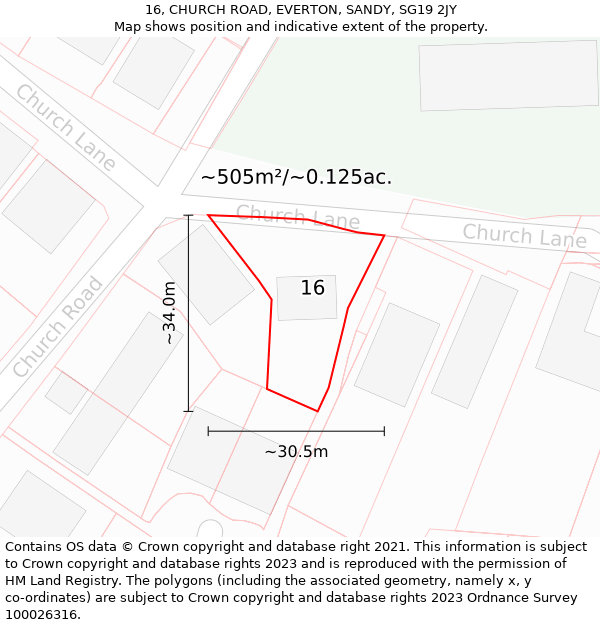 16, CHURCH ROAD, EVERTON, SANDY, SG19 2JY: Plot and title map