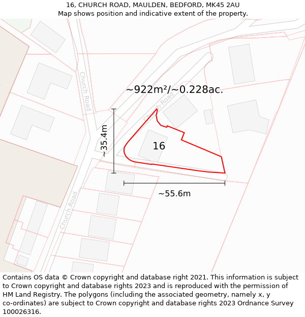 16, CHURCH ROAD, MAULDEN, BEDFORD, MK45 2AU: Plot and title map