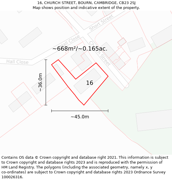 16, CHURCH STREET, BOURN, CAMBRIDGE, CB23 2SJ: Plot and title map