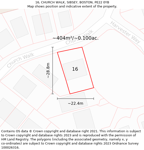 16, CHURCH WALK, SIBSEY, BOSTON, PE22 0YB: Plot and title map