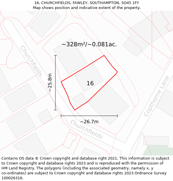 16, CHURCHFIELDS, FAWLEY, SOUTHAMPTON, SO45 1FY: Plot and title map