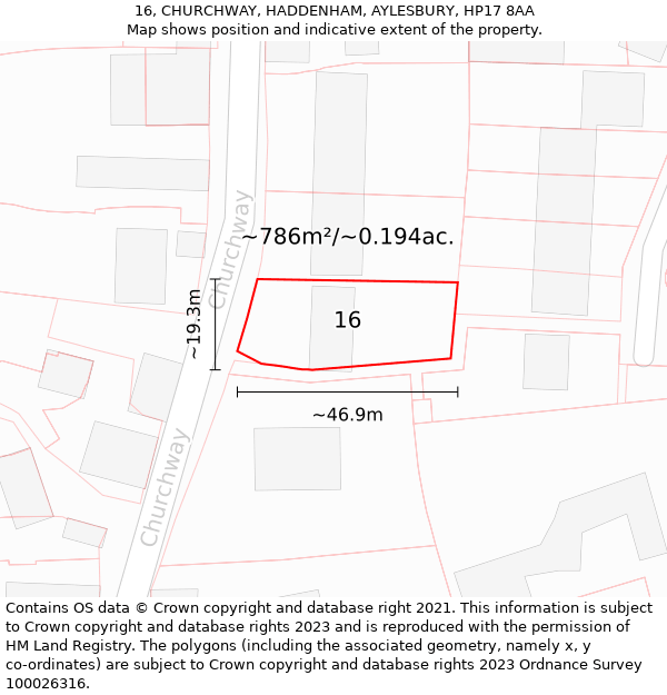 16, CHURCHWAY, HADDENHAM, AYLESBURY, HP17 8AA: Plot and title map