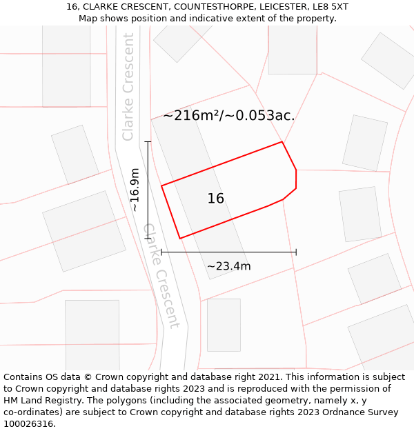 16, CLARKE CRESCENT, COUNTESTHORPE, LEICESTER, LE8 5XT: Plot and title map